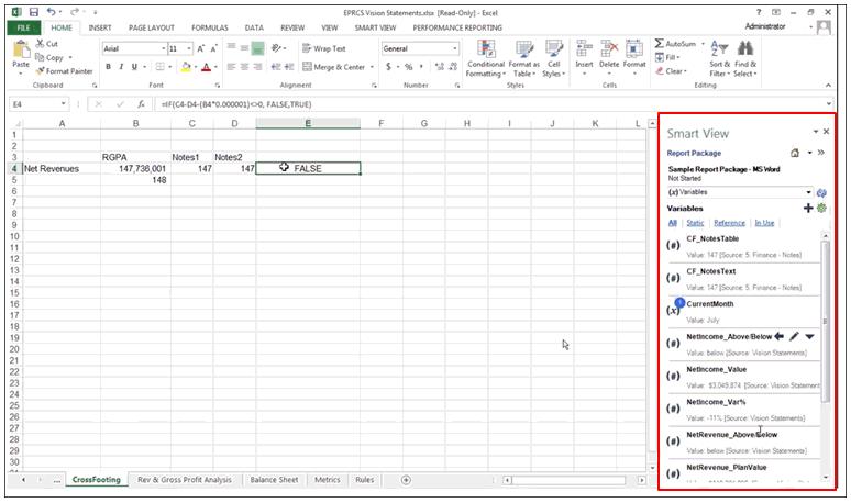 Uso delle variabili dei package di report diversi, ad esempio inserendo dati di Microsoft Office Excel da un doclet di riferimento in un paragrafo di un doclet.
