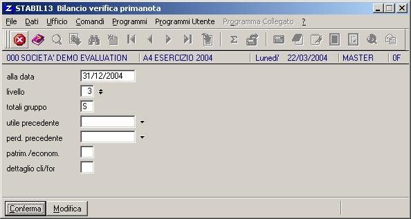 alla data: livello: totali gruppo: utile precedente: perdita precedente: patrim./econom.