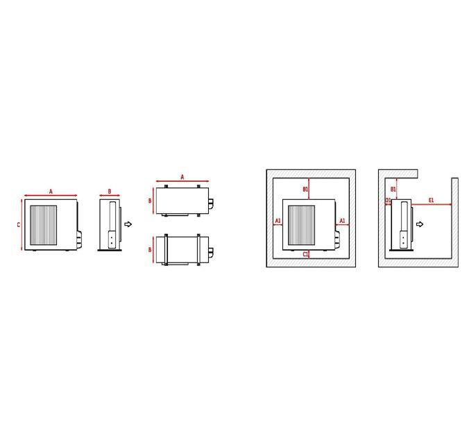 UNITA' ESTERNA Modello UE 6/15 9/25 Larghezza A mm 8 8 Profondità B mm 3 3 Altezza C mm 6 6 A1 mm 35 35 B1 mm 8 8 C1 mm 15 15 D1 mm 15 15 E1 mm 5 5 Peso Kg 43 46 MODULO ACS E RISCALDAMENTO AUSILIARIO