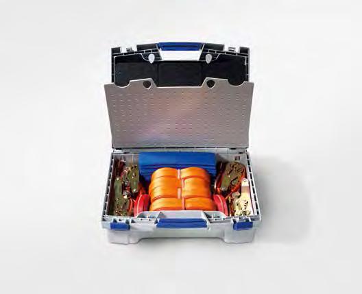 08 Kit di fissaggio originale Volkswagen Il box valigia color argento contiene le cinghie di fissaggio con i diversi sistemi di chiusura (tenditore a
