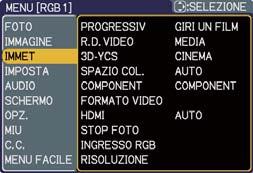 Menu IMMET Menu IMMET Il Menu IMMET consente di selezionare le voci elencate nella tabella qui sotto riportata. sul proiettore o sul telecomando oppure ENTER per confermare.