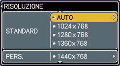 Menu IMMET Menu IMMET (continua) Su questo proiettore è possibile impostare la risoluzione per i segnali di ingresso RGB1 e RGB2.