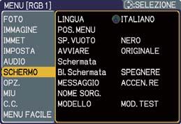 Menu SCHERMO Menu SCHERMO Il Menu SCHERMO consente di selezionare le voci elencate nella tabella qui sotto riportata. sul proiettore o sul telecomando oppure ENTER per confermare.