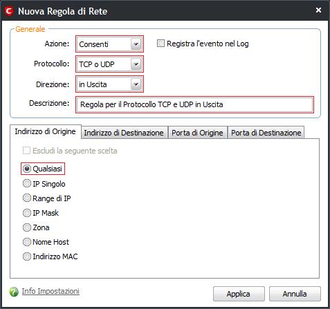 9 di 28 24/05/2015 17:53 Regola 3 Azione = Consenti Protocollo = TCP o UDP Direzione = In Uscita Descrizione = Regola