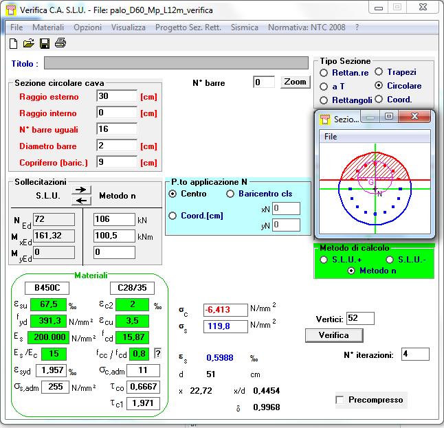 Verifica a Pressoflessione allo SLE: σc (-) -6,4 N/mmq < 16,8