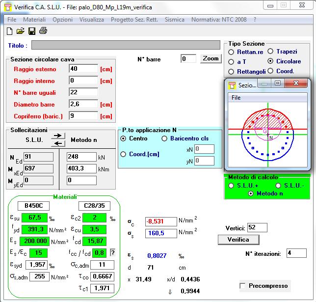 Verifica a Pressoflessione allo SLE: σc (-) -8,5 N/mmq < 16,8