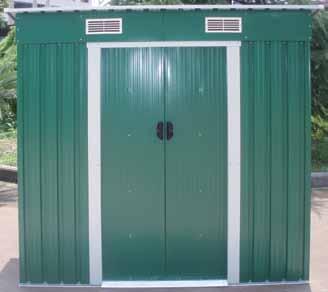 205 x 257 x 202 cm 95534 Box for garden shed Apex roof Frame galvanized painted plate Sliding doors on runners Base included With ventilation Green colour Dim.