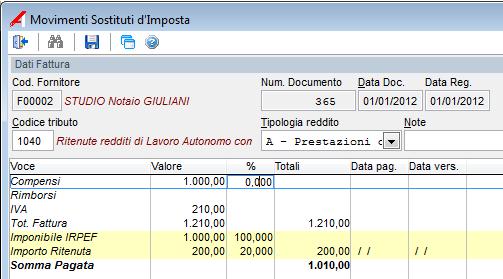 Con questo importo di ritenuta: Le scadenze sono: Il movimento di pagamento deve essere creato con una causale che abilita la parte IVA, in modo che si possa gestire