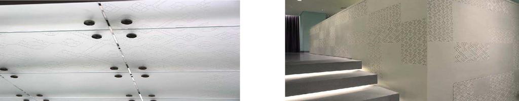45. Dettaglio del tipico pattern di tessitura sarda inciso per sabbiatura sulla superficie dei pannelli in vetro sospesi