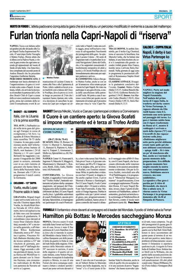 Pagina 30 Il Roma NUOTO DI FONDO L' atleta padovano conquista la gara che si è svolta su un percorso modificato in extremis a causa del maltempo Furlan trionfa nella Capri Napoli di "riserva" NAPOLI.