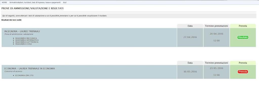 Nella pagina delle prove di ammissione clicca sul