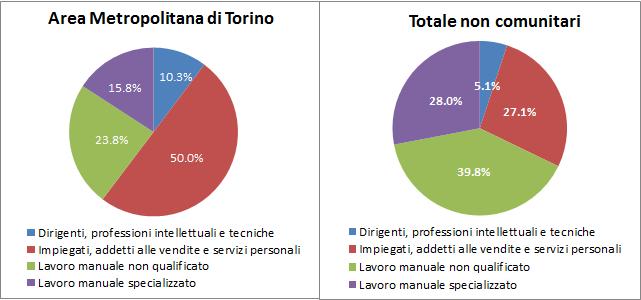 I migranti nel mercato del lavoro 29 La metà dei cittadini extra europei occupati nella città metropolitana di Torino è addetto all assistenza personale, quota quasi doppia rispetto al totale dei non