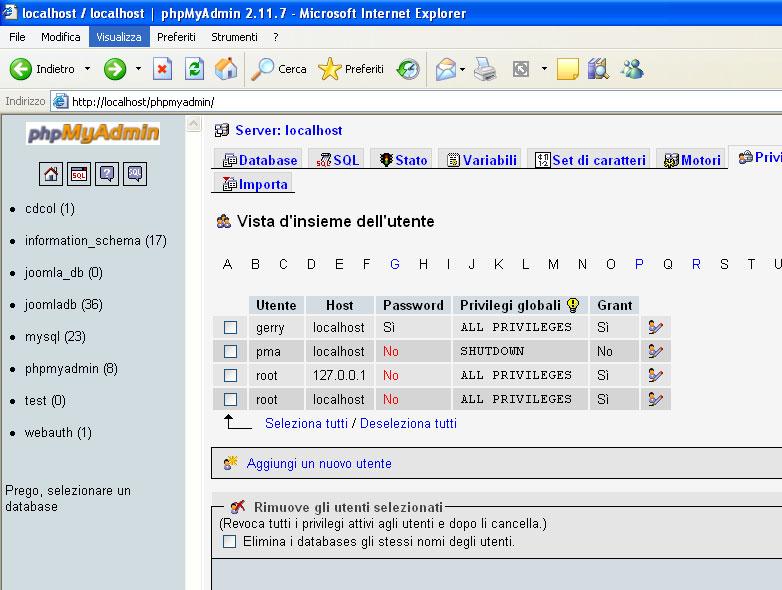 Database Mysql 7 Cliccare su aggiungi un nuovo utente 8 Inserire Nome Utente, scegliere nel menu a tendina di Host Locale e