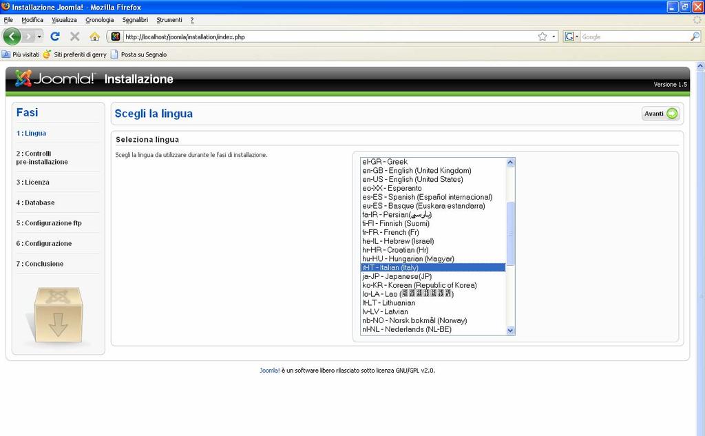 Installare Joomla fase 1 Apriamo il browser e digitiamo: - se in locale: http://localhost/joomla/ (dove joomla è la cartella dove abbiamo messo i file joomla) - se sul server remoto ad es. http://www.