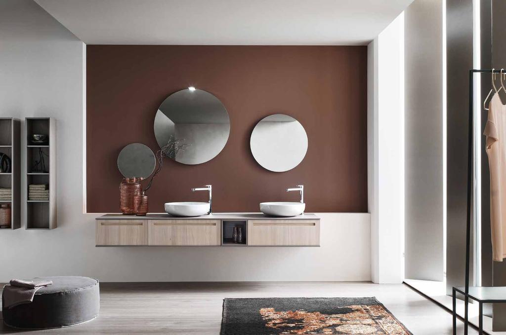 Elementi - Elements Lavabo tutto fuori Kratere basso in ceramica Low Kratere countertop washbasins in ceramic Top in Olmo Smog sp.1.