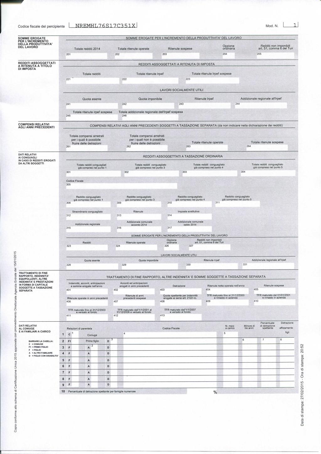 fiscale del percipiente I NR