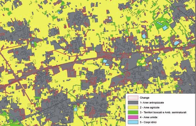 Prime analisi sui dati prodotti Fig.4 - Variazioni (change) della banca dati dell uso del suolo in un area della provincia di Milano. A sinistra mappa Dusaf 1.1, a destra Dusaf 2.