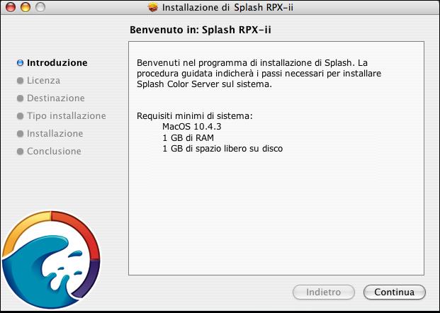 INSTALLAZIONE DEL SOFTWARE DEL SERVER SPLASH RPX-ii 13 INSTALLAZIONE DEL SOFTWARE DEL SERVER SPLASH RPX-ii In questo capitolo viene descritto come convertire un computer Macintosh in un unità Splash