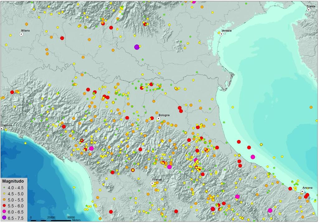 epicentri dei terremoti dal 2006 ad oggi, da ISIDE profondità 8 km 15 km 35 km >35 km M<3 3 M<4 4 M<5 M 5 La mappa degli epicentri dei terremoti M>4 (da CPTI11 e ISIDE) indica, rispetto