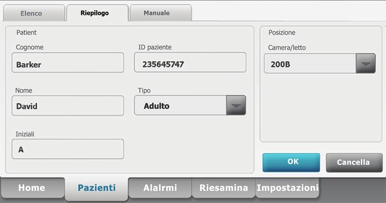 Aggiunta di un paziente all elenco pazienti (senza connessione alla ) Configurazione delle opzioni dei parametri 1. Toccare la scheda Pazienti. 2. Toccare Aggiungi. 3.