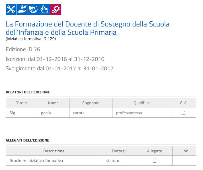 Cliccando sul pulsante APPROFONDISCI viene aperta una specifica pagina relativa all edizione con le informazioni riportate nella figura seguente, tra le quali il CV dei relatori e gli eventuali