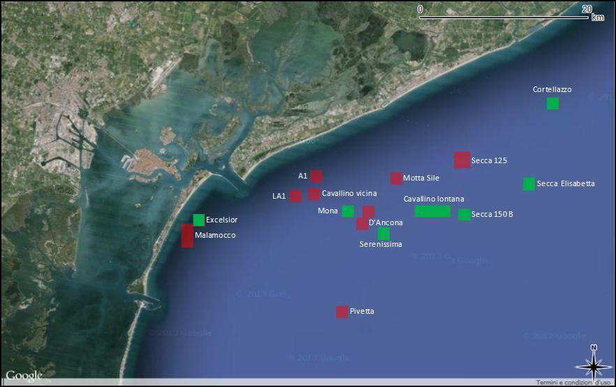 Localizzazione delle tegnùe nelle quali sono state ritrovate attrezzature da pesca perse o abbandonate (in rosso) e quelle prive (in verde).