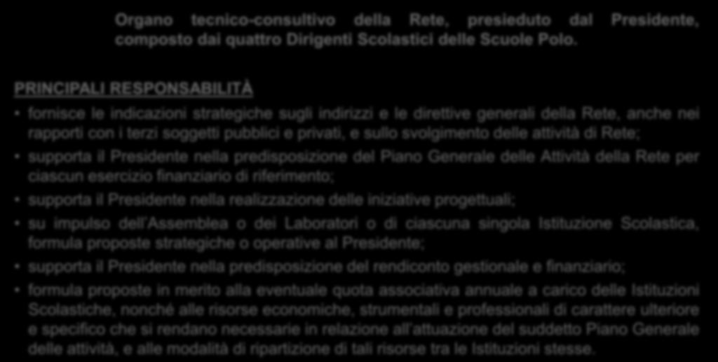 Sistema di Governance: Comitato Tecnico COMITATO TECNICO Organo tecnico-consultivo della Rete, presieduto dal Presidente, composto dai quattro Dirigenti Scolastici delle Scuole Polo.