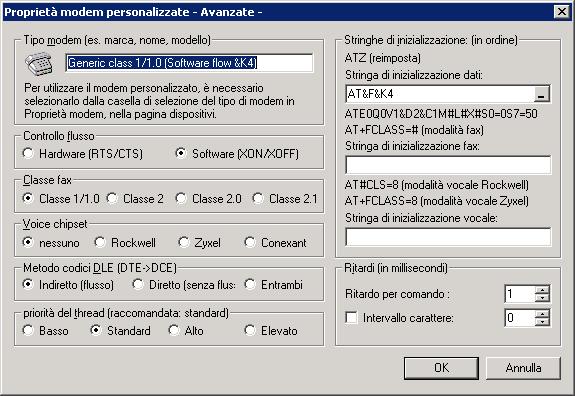 Proprietà modem personalizzate Schermata 57: Finestra di dialogo Proprietà modem personalizzate Personalizzare le opzioni seguenti sulla base delle specifiche del modem fax: Opzione Tipo di modem