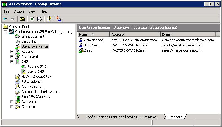 Schermata 58: Elenco di utenti e gruppi di GFI FaxMaker L elenco di utenti con licenza è disponibile dal nodo Configurazione di GFI FaxMaker> Utenti con licenza.