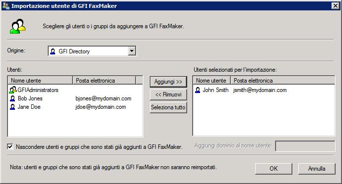 Schermata 59: Importazione utenti da GFI Directory Fare clic con il pulsante destro del mouse su Utenti con licenza e selezionare Importa utenti.