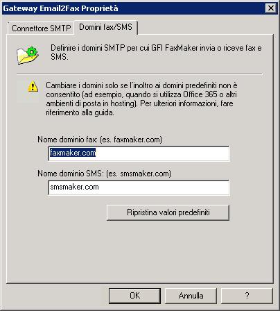 Passaggio 2: modifica dei nomi dei domini da GFI FaxMaker Configuration Schermata 63: Personalizzazione di nomi di domini fax e SMS 1.