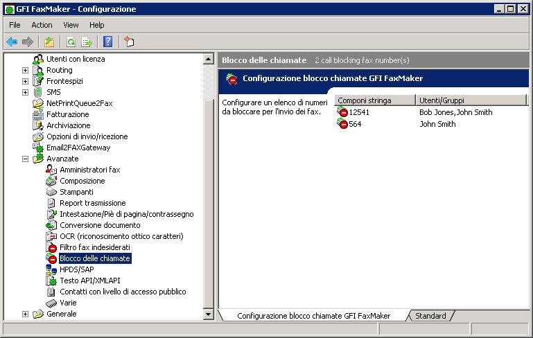 Schermata 91: Regole di blocco delle chiamate 1. Nella configurazione di GFI FaxMaker, selezionare il nodo Avanzate > Blocco delle chiamate. 2. Fare clic su Nuovo.