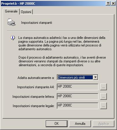 Schermata 117: Configurazione stampanti 3. Dalla scheda Generale, specificare in che modo GFI FaxMaker deve ridimensionare i fax in ingresso e le stampanti da utilizzare per ciascun formato carta.