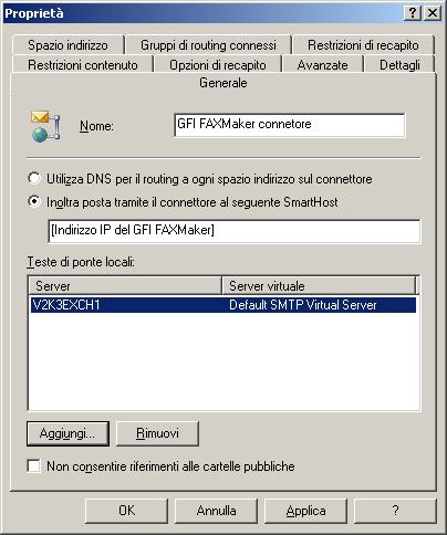 Accedere al connettore da: 1. Avviare Gestione di sistema Exchange ed espandere il nodo Connettori. 2. Fare clic con il pulsante destro del mouse su Connettore SMTP FaxMaker e selezionare Proprietà.