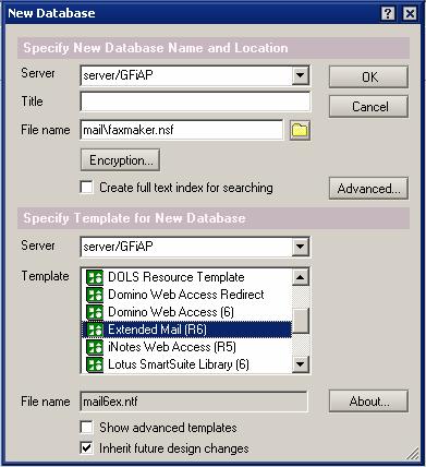 3.2.3 Lotus Domino/Notes server 6 Passaggio 1: Creazione di un database caselle di posta nel server Domino Schermata 14: Creazione di un nuovo database 1.