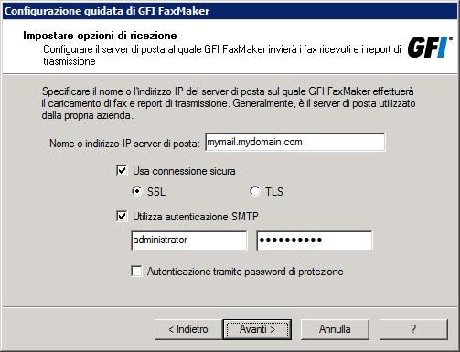 Schermata 34: Richiesta del nome del server di posta 4. Specificare i dettagli del server di posta in cui GFI FaxMaker inoltra i messaggi di posta ricevuti.