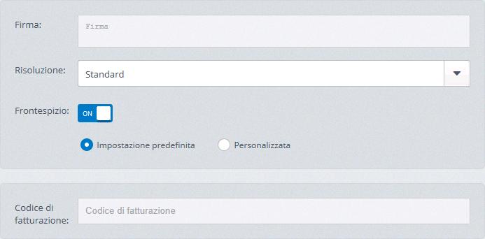 Schermata 40: Configurazione dei riferimenti del client web Configurare le opzioni seguenti del client web: Parametri fax Firma massima Frontespizio Codice di addebito Descrizione Comporre la firma.