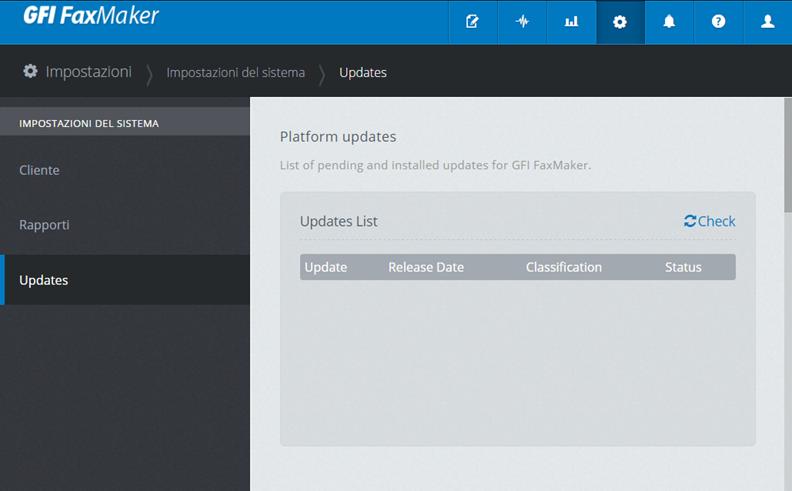 1. Accedere all'interfaccia web di GFI FaxMaker e fare clic su Impostazioni nel menu principale. 2. Dal riquadro di sinistra, selezionare Aggiornamenti.