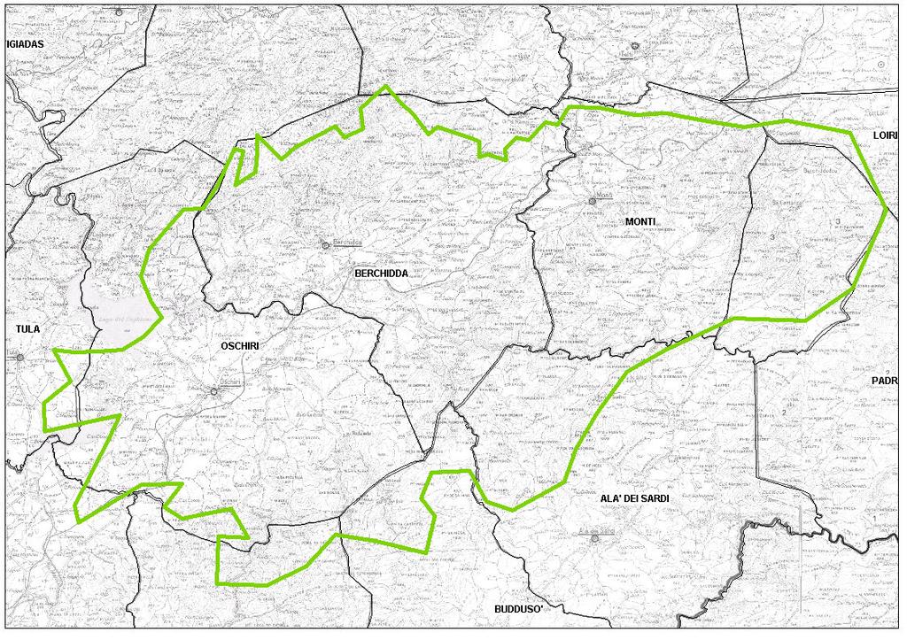 7) Descrizione della zona infetta del selvatico di Oschiri-Berchidda : La zona infetta Oschiri-Berchidda è delimitata a Nord dai confini comunali (a meno di di 1 km) di Berchidda, Monti, Loiri Porto