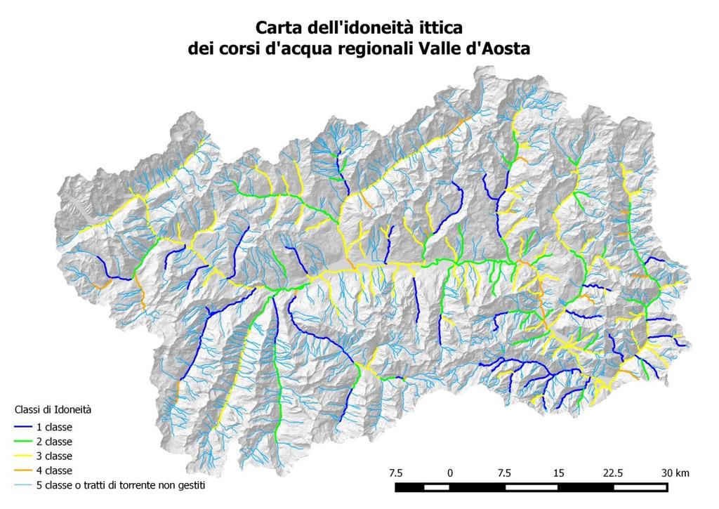 Cartografia dell idoneità ittica dei corsi d acqua regionali, Valle d Aosta 2 versione, in aggiornamento Blu: 1 classe, ottimale: forte interesse conservazionistico e alieutico.