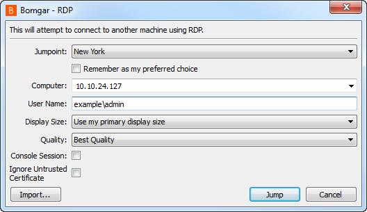 RDP verso un sistema Windows remoto Utilizzare Bomgar per avviare una sessione con protocollo RDP con un sistema Windows remoto.