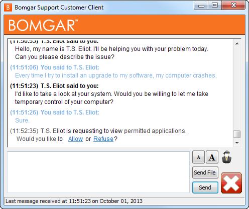 Durante la sessione il cliente può chattare con il tecnico di supporto e chiedere di inviare file al suo computer. Il cliente può anche cambiare le dimensioni dei caratteri della chat.
