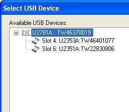 3 Viene visualizzata la finestra di dialogo Select USB Device, verranno visualizzati tutti i moduli USB collegati al PC, come indicato di seguito.