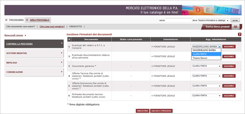 Ti viene proposto l elenco degli utenti abilitati (Legali Rappresentanti e/o Operatori) della tua impresa. Questi sono tutti autorizzati a compilare i passi della procedura.