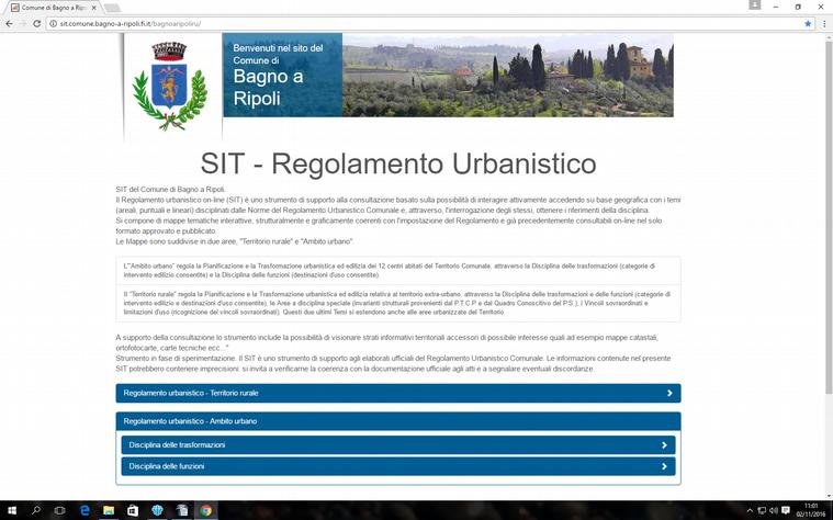 SIT: GUIDA ALL'USO Home page: la pagina iniziale del SIT si presenta suddivisa in due aree principali, Territorio rurale e Ambito urbano, entrambe evidenziate con la barra in blu.