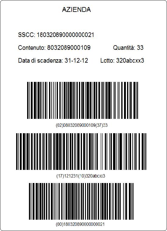 Figura 4-1: Esempio di etichetta logistica completa Per le unità logistiche miste, l unica informazione presente nell etichetta logistica è il codice SSCC, come nell esempio successivo.