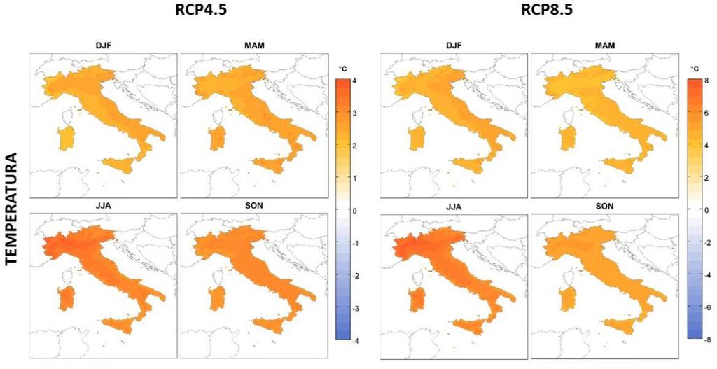 La Strategia Nazionale di Adattamento ai CC Italia nel 2100: un hotspot Anomalie stagionali delle temperature nel