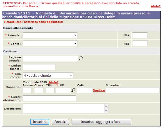 3.4.5.12.Causale 91211 Causale 91211. Nella parte alta della maschera viene specificato il codice causale selezionato in precedenza.