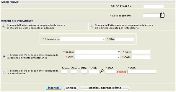 Sezioni Saldo finale ed Estermi del versamento della pagina di Inserimento Manuale Deleghe F24.