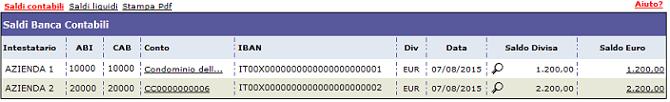 numero del conto), le coordinate bancarie nazionali (Coordinate IBAN), la Divisa, la Data, il Saldo in Divisa ed il Saldo in Euro. Saldi Banca: scegliere l opzione Saldi contabili o Saldi Liquidi.